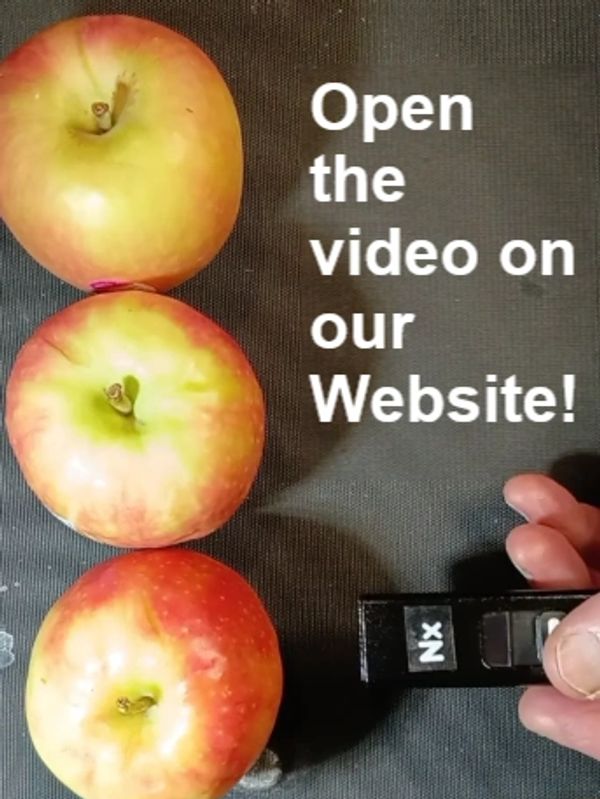 Three apples on the left and a hand holding a remote on the right with text.