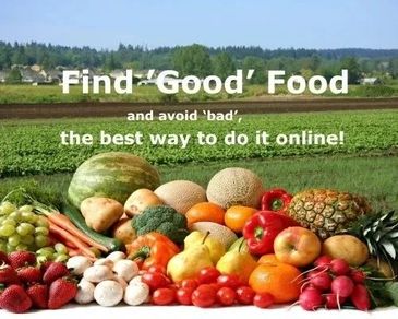 Fresh fruits and vegetables with a message about finding good food online.