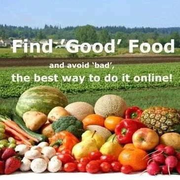 Colorful fresh fruits and vegetables with a message about finding good food online.