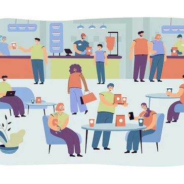 People enjoying coffee and socializing in a modern coffee shop.