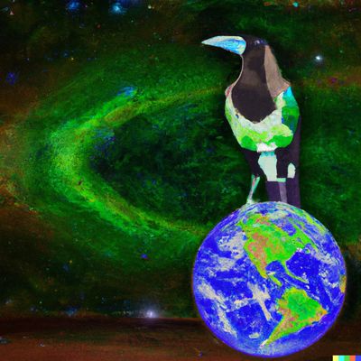 Fictional earth sized corvid standing on planet earth in the galaxy