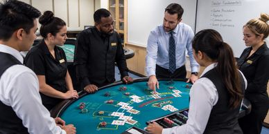 A dealer explains rules to casino staff around a blackjack table.