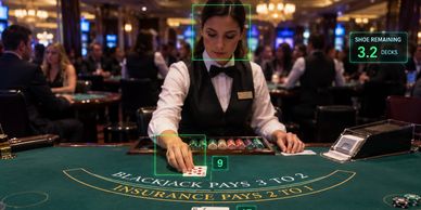 Dealer dealing cards at blackjack table in casino.