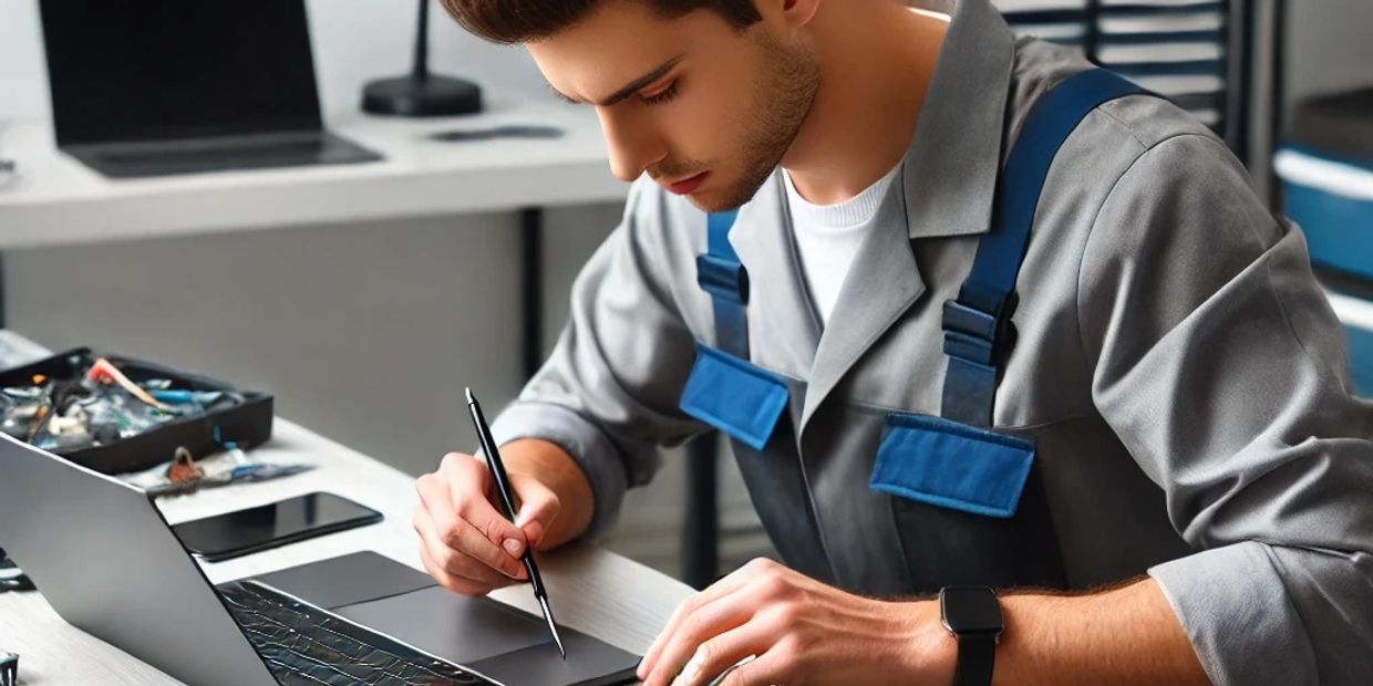 Micro Tech IT Consulting technician providing laptop repair services, working on an open laptop