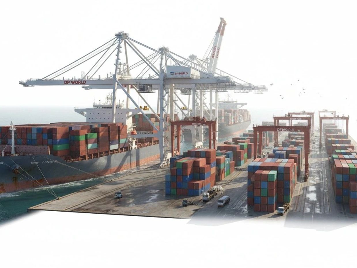 Large container ships docked at a busy port with stacked cargo containers.