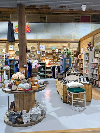 Cozy thrift shop with vintage items, books, and clothing arranged neatly.