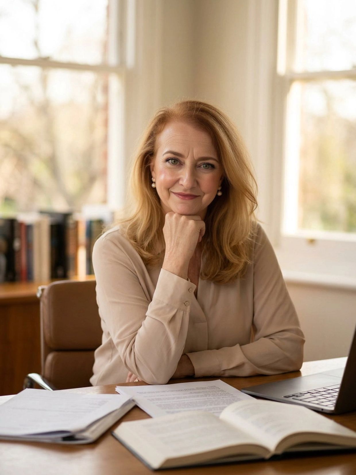 Confident woman sitting at a desk with books and papers.