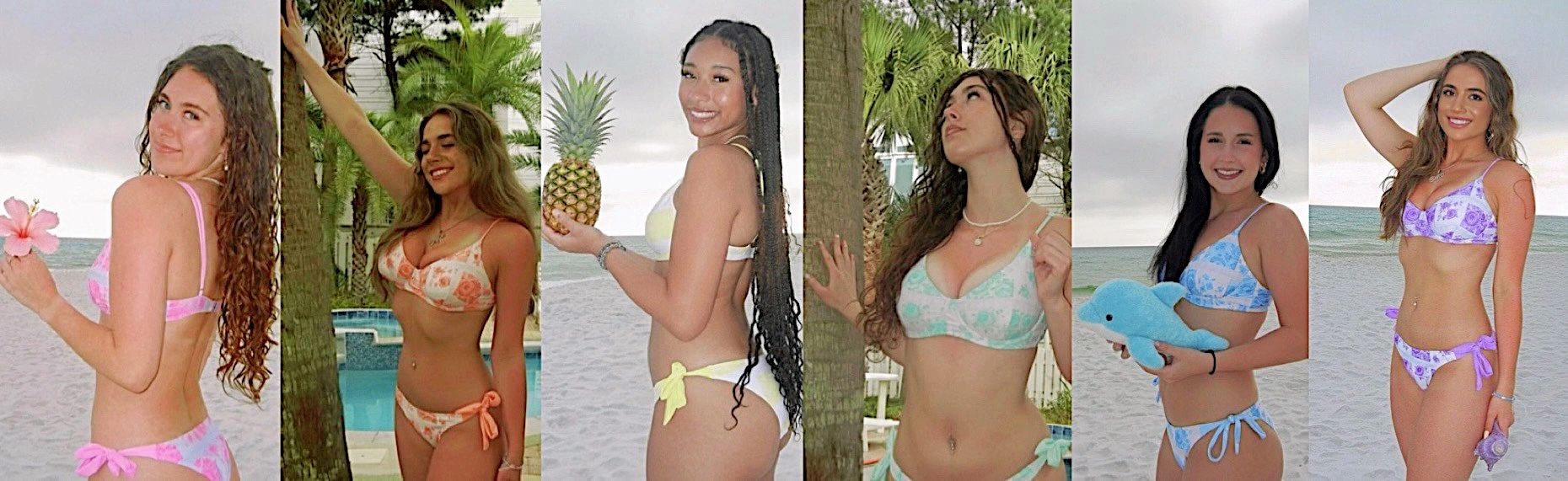 Six women in colorful bikinis posing outdoors by the beach and pool.