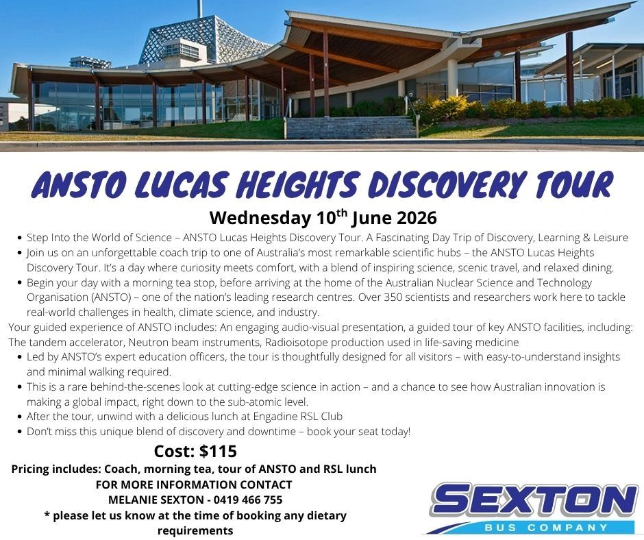 ANSTO Lucas Heights Discovery Tour on June 10, 2026, featuring science, scenic travel, and lunch.