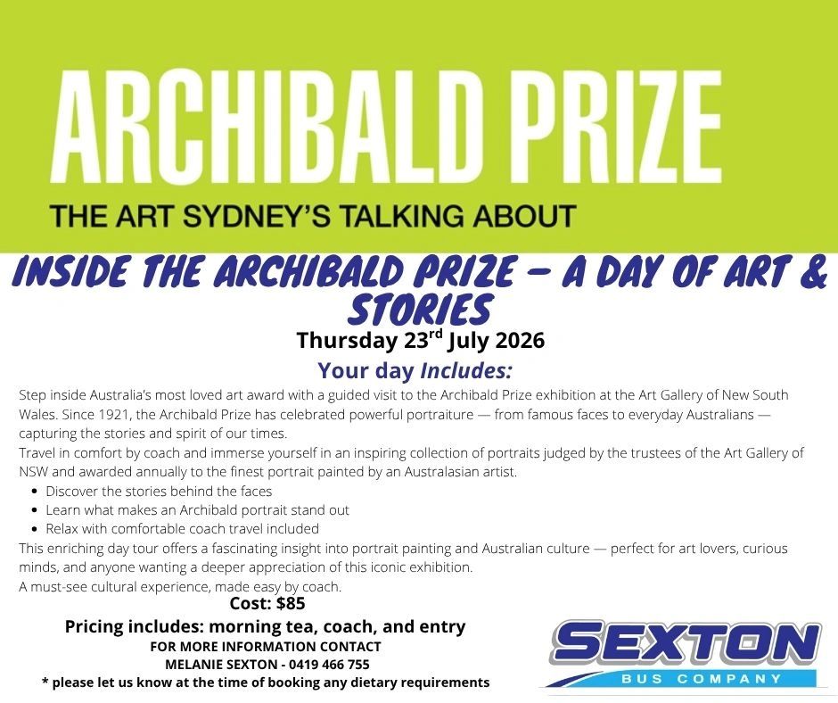 Day tour exploring the Archibald Prize portraits and stories with coach travel included.