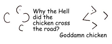 A humorous comic about a chicken crossing the road with abstract faces.