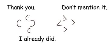 Minimalist comic with punctuation marks expressing thanks and acknowledgment.