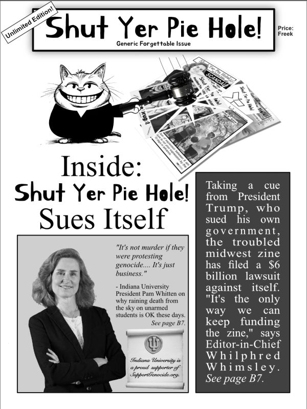 Satirical magazine cover shows a cat judge suing its own publication.