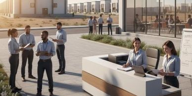 People collaborating and working outside a modern office building with modular units in the background.