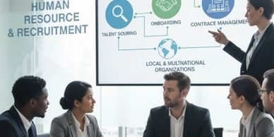 Business team discussing strategic HR solutions in a modern office meeting.