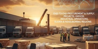 Logistics hub with trucks, crates, and workers during sunset, highlighting procurement and supply in Sudan.