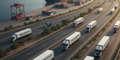 Logistics trucks on highway near port with airplane and helicopter.