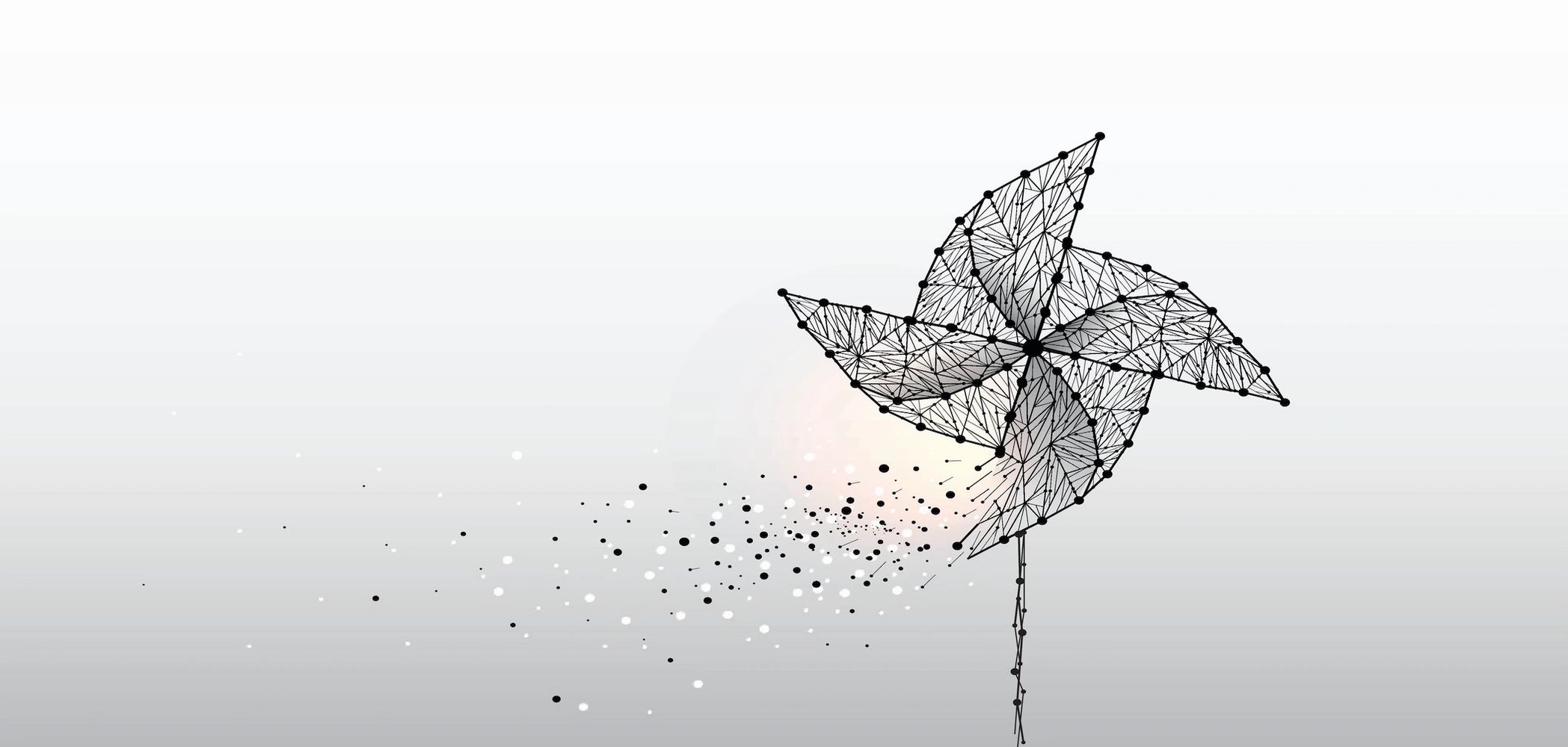 Abstract digital pinwheel made of connected dots and lines dispersing particles.