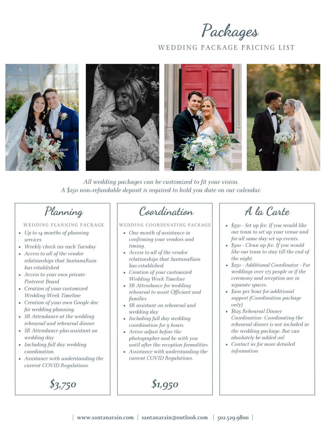 Wedding package pricing list with planning, coordination, and a la carte options.