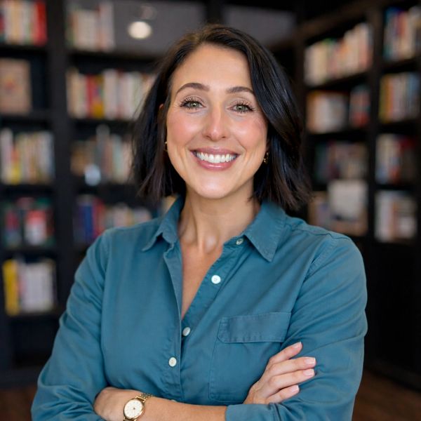Confident woman smiling with crossed arms in a cozy library setting.