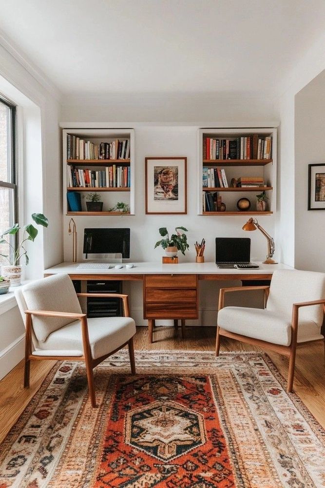 Cozy home office with wooden furniture, bookshelves, and a vibrant patterned rug.