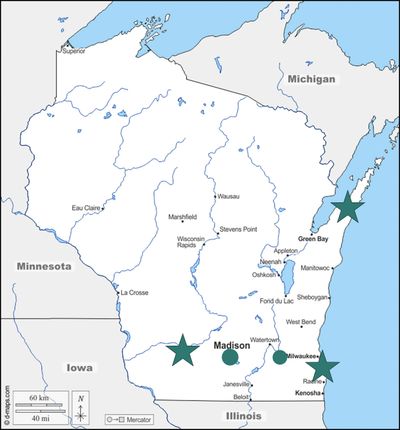 Map of Wisconsin highlighting Green Bay, Madison, and Milwaukee.