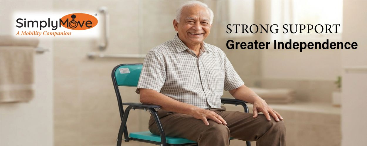 Elderly man sitting confidently on a chair promoting mobility support.