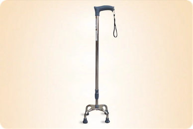Quad cane with adjustable height and rubber tips.