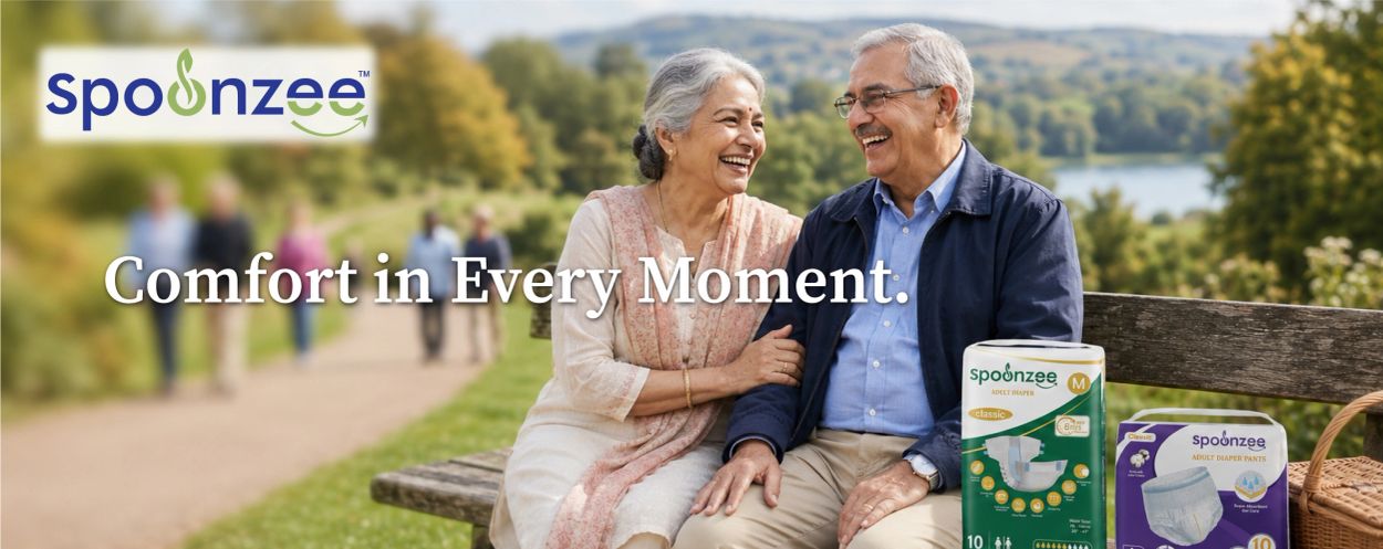 Happy elderly couple sitting on park bench with Spoonzee adult diapers beside them.
