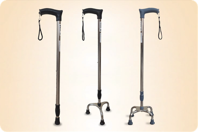 Three types of walking canes with different base supports and black handles.