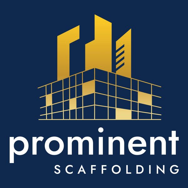 Logo of Prominent Scaffolding with golden buildings on a dark blue background.