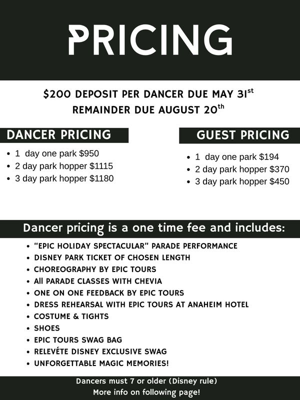 Pricing details for dancer and guest park tickets with deposit deadlines and inclusions.