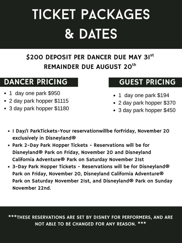 Ticket packages and pricing for Disneyland with deposit and due dates.