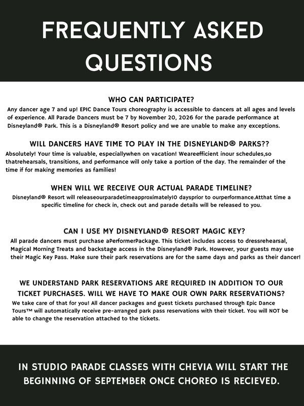 FAQ about participation, schedule, and park reservations for Disneyland parade dancers.