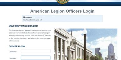 American Legion Officers Login page with a logged out message.