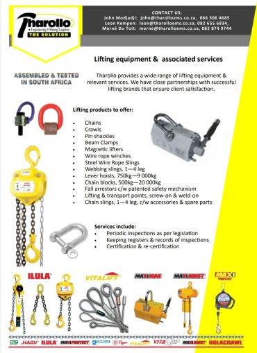 Brochure for Tharollo lifting equipment and services in South Africa.