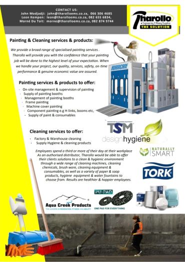 Advertisement for painting and cleaning services by Tharollo with product images.