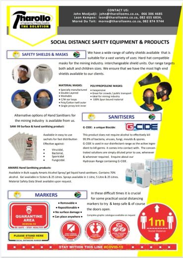 Social distancing safety equipment flyer with masks, sanitizers, and markers.