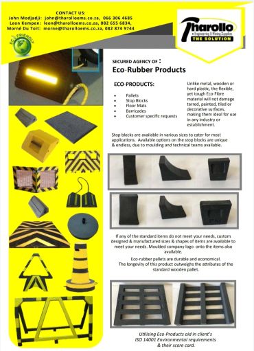 Eco-Rubber products include pallets, stop blocks, floor mats, and barricades.