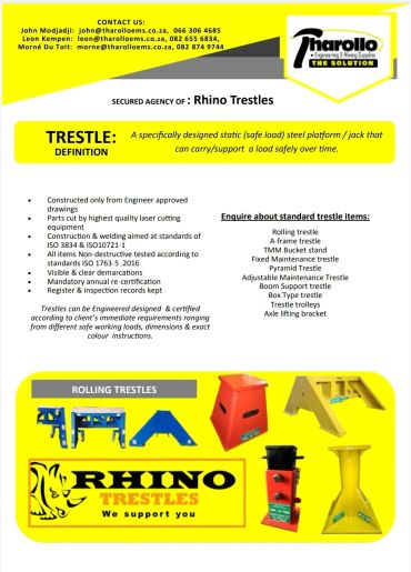Rhino Trestles safety platform and jack support information flyer.