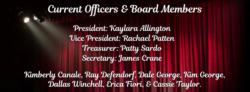List of current officers and board members on a red theater curtain background.