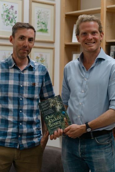 Merlin Hanbury-Tenison at The Bookery, Crediton, with Nick Bruce-White CEO of Devon Wildlife Trust 