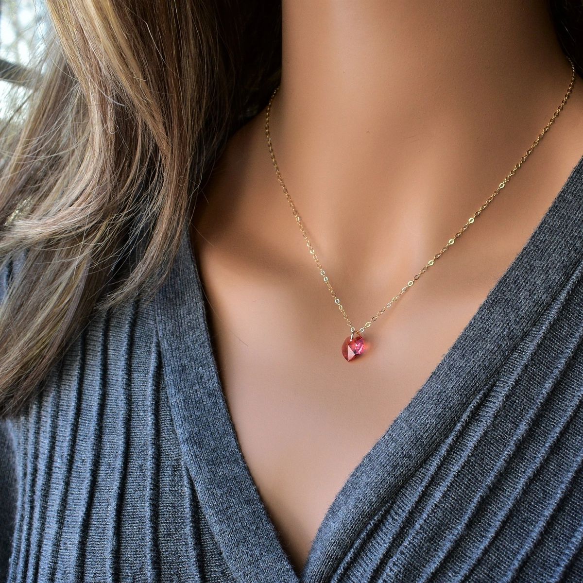 Fire Rose Crystal Heart Necklace, Swarovski Crystal Heart