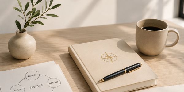 Workspace with a notebook, pen, coffee cup, and strategy papers on a wooden table.