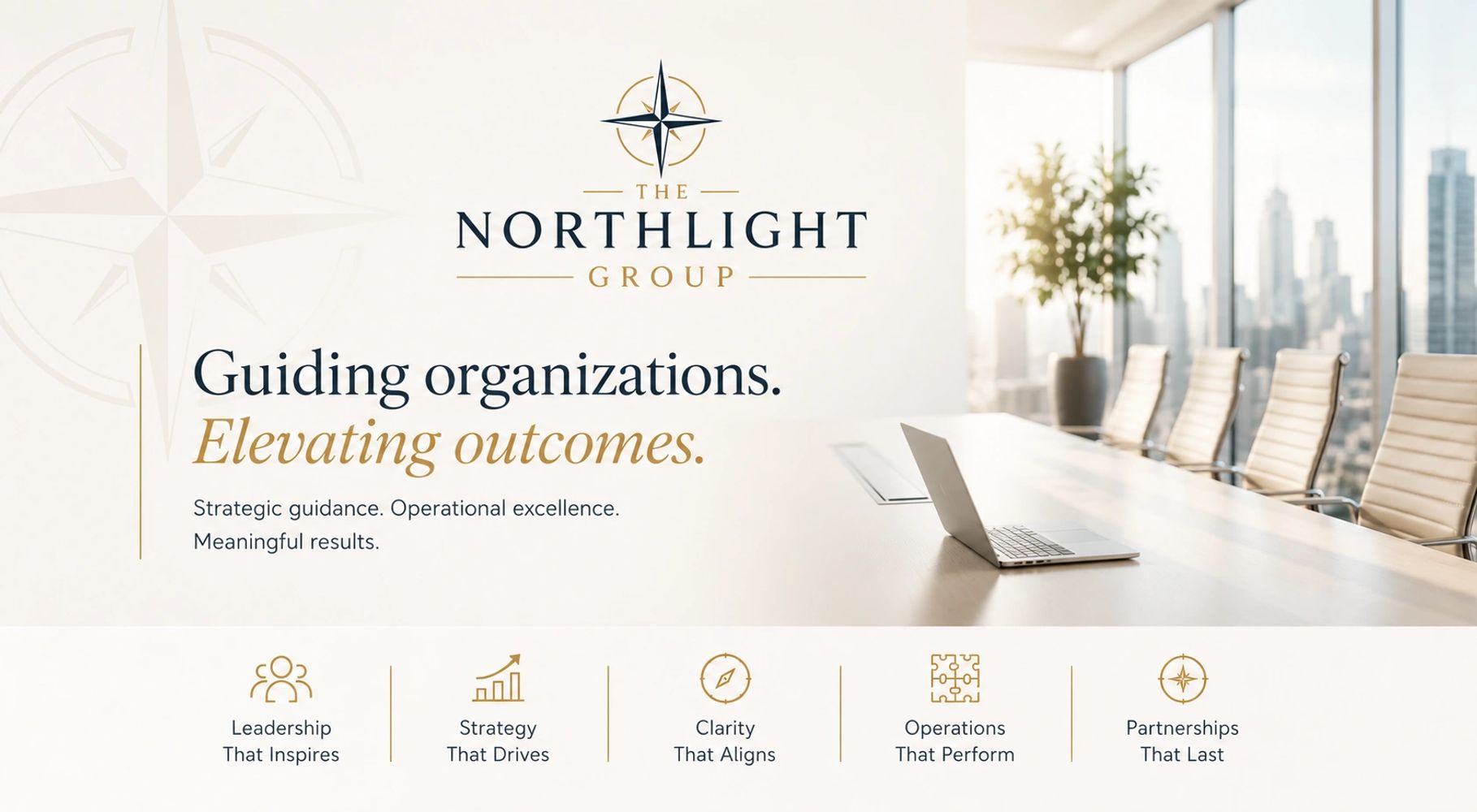 Corporate branding image for The Northlight Group with office setting and key values.
