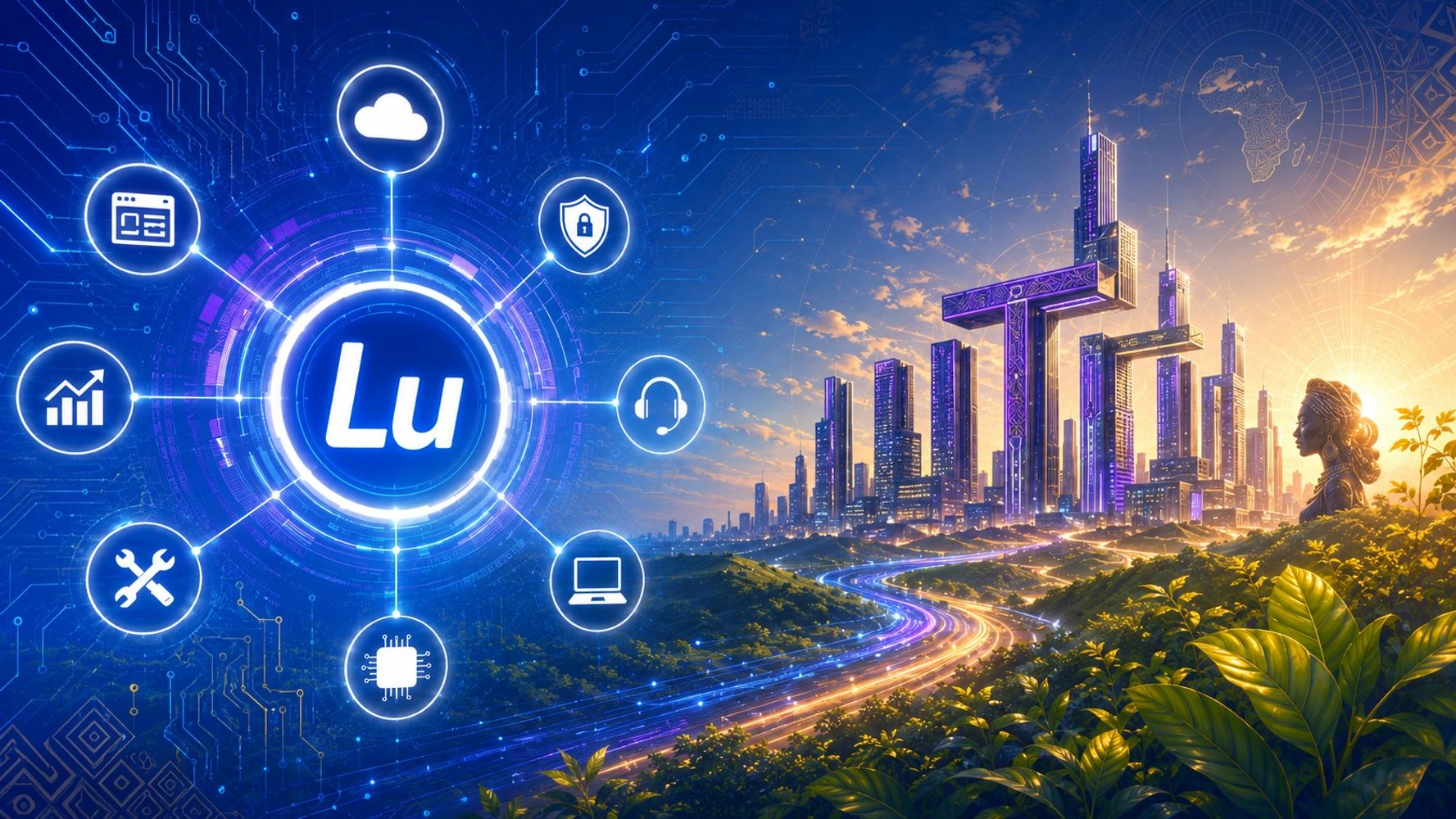 Lu-Tech ICT futuristic African smart city banner for digital services, green innovation and tech hub