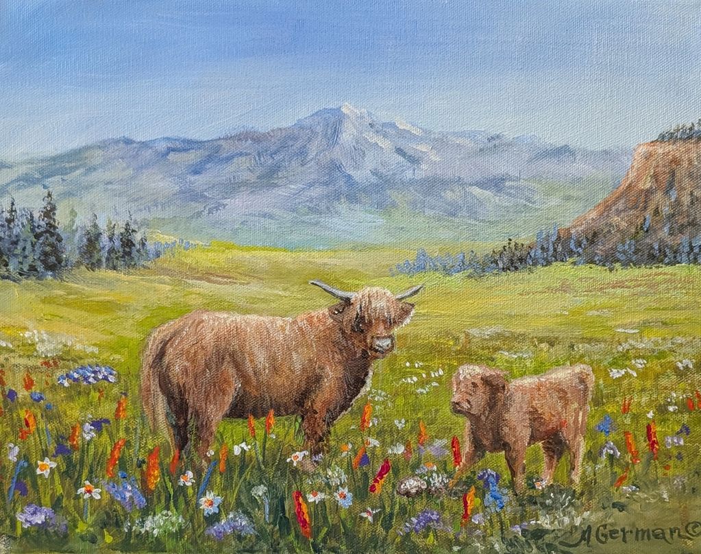 A painting of two Highland cows in a colorful meadow with mountains in the background.