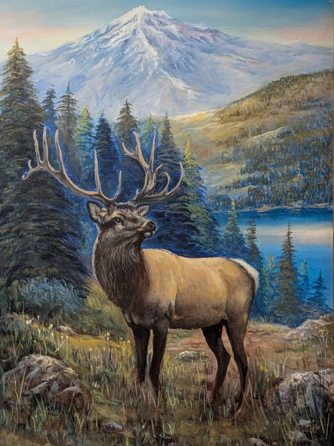 Majestic elk stands in a forest clearing with a snow-capped mountain in the background.