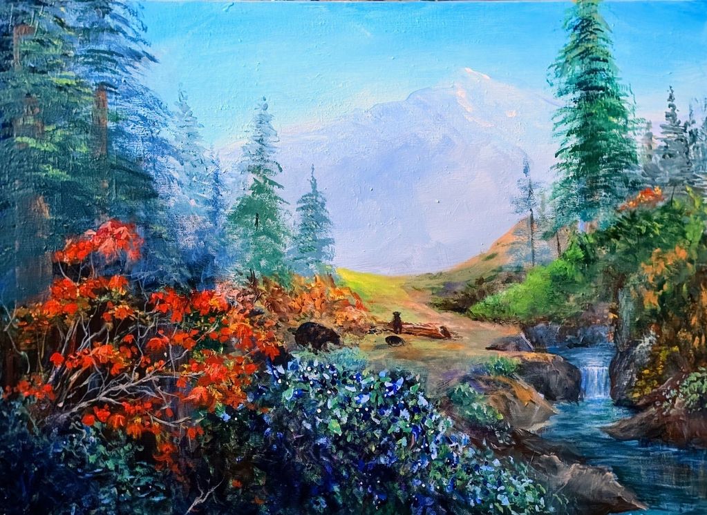 Colorful landscape with bears and a waterfall.