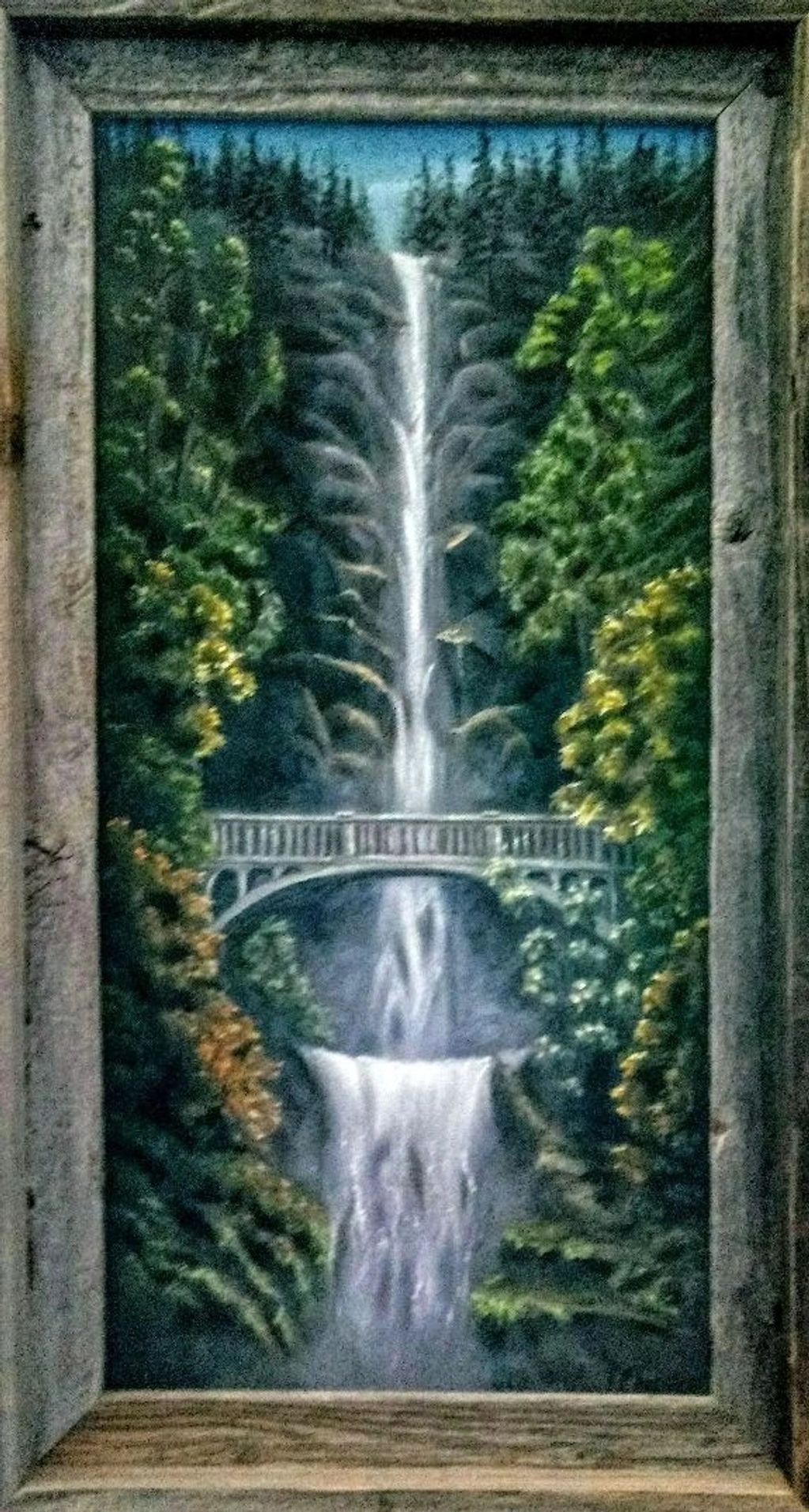 Painting of a waterfall with a bridge and lush greenery.